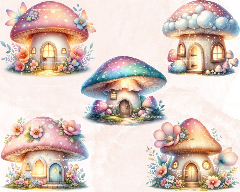 May include: Five whimsical mushroom houses with glowing windows and flower gardens. Each house has a unique design and color scheme, with pink, blue, and green accents. The mushrooms are surrounded by lush greenery and flowers.