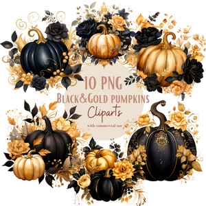 Black Pumpkin Clipart Bundle, Gold pumpkin graphics, Floral Pumpkin Graphics, Thanksgiving Clipart, Fall Design Elements, Commercial use