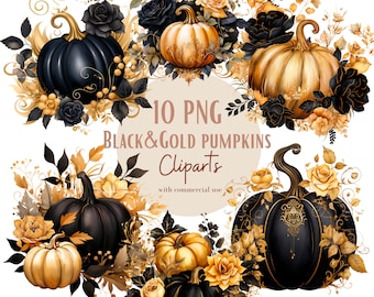 Black Pumpkin Clipart Bundle, Gold pumpkin graphics, Floral Pumpkin Graphics, Thanksgiving Clipart, Fall Design Elements, Commercial use