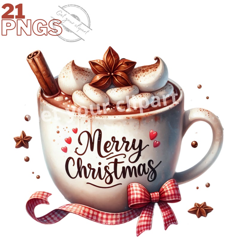 May include: A white mug with a red and white checked ribbon and bow. The mug is filled with hot chocolate topped with whipped cream, a cinnamon stick, and a star anise. The mug says "Merry Christmas" in black lettering.
