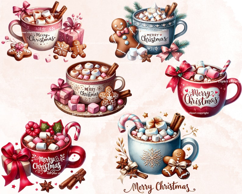 May include: Four mugs of hot chocolate with marshmallows and gingerbread cookies. Each mug has a red and white ribbon and the text "Merry Christmas".
