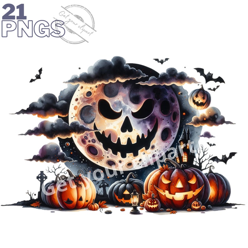 Halloween Spooky Moon Clipart Bundle, Spooky Halloween Png Graphics ...