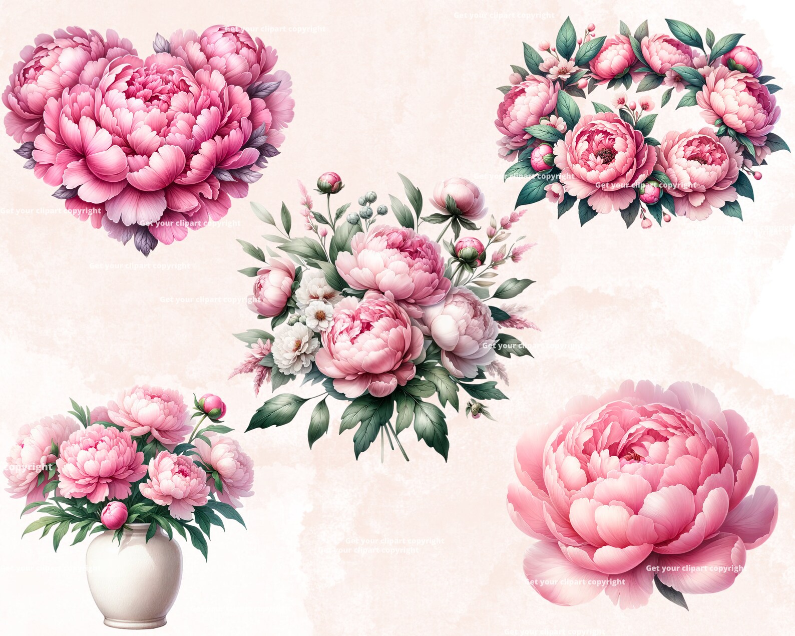 Pink Peonies Clipart Bundle, Watercolor Flowers Clipart, Valentines Png ...