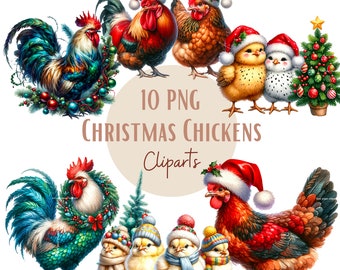 Christmas Chicken png files, watercolor chicken clipart, watercolor rooster clipart, hen clipart, Christmas png bundle