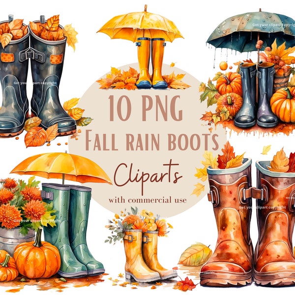 Fall rain boots clipart bundle, Hello fall png designs, Set of 10, Transparent background, Commercial use, Instant download