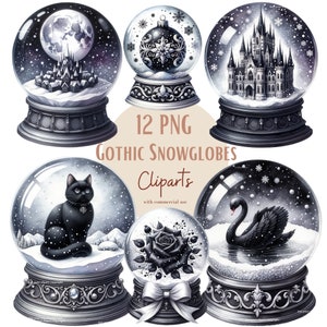 Ensemble d'illustrations de boule à neige gothique, Cliparts de noël façon aquarelle pour tous vos projets créatifs et professionnels