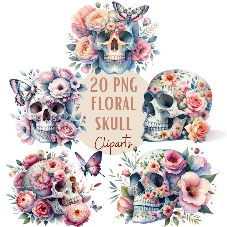 May include: 20 PNG Floral Skull Clipart images.  Each image features a white skull with pink, white, and blue flowers.  The skulls are surrounded by leaves and butterflies.