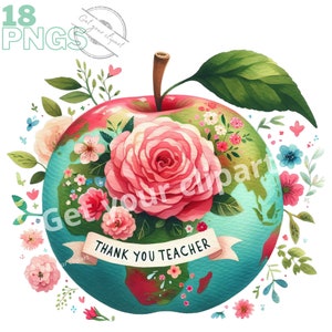 Puede incluir: Una manzana verde con un tallo rojo y una rosa rosa en la parte superior. La manzana est&aacute; decorada con un mapa del mundo y rodeada de flores rosas, azules y blancas. El texto "THANK YOU TEACHER" est&aacute; escrito en una cinta blanca alrededor de la manzana.