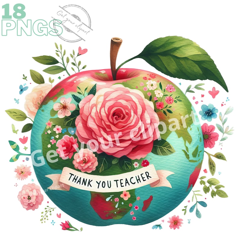 Puede incluir: Una manzana verde con un tallo rojo y una rosa rosa en la parte superior. La manzana est&aacute; decorada con un mapa del mundo y rodeada de flores rosas, azules y blancas. El texto "THANK YOU TEACHER" est&aacute; escrito en una cinta blanca alrededor de la manzana.