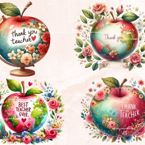 Puede incluir: Cuatro ilustraciones de manzanas con flores y las palabras "Gracias profesor", "Mejor profesor de todos los tiempos" y "Gracias profesor" en ellas. Las manzanas son todas de forma de globo y tienen un esquema de color rojo y azul.