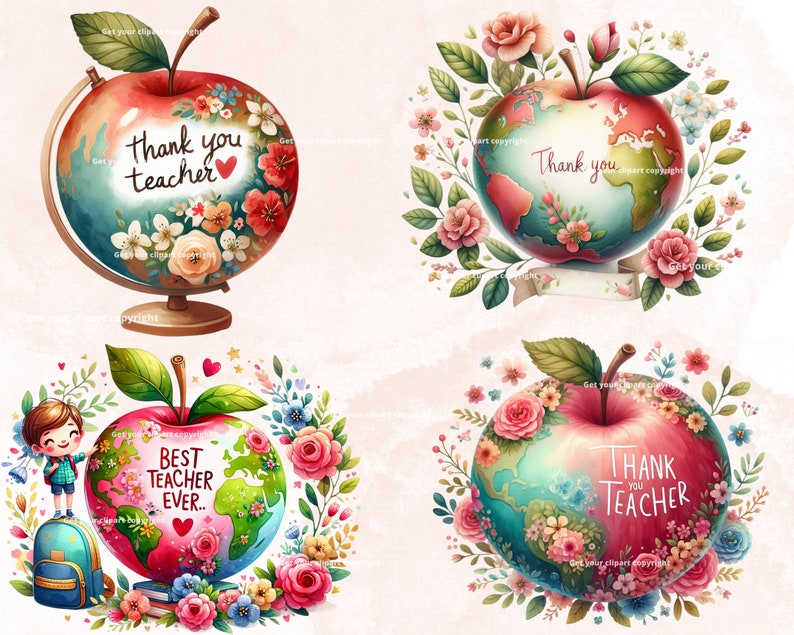 Puede incluir: Cuatro ilustraciones de manzanas con flores y las palabras "Gracias profesor", "Mejor profesor de todos los tiempos" y "Gracias profesor" en ellas. Las manzanas son todas de forma de globo y tienen un esquema de color rojo y azul.