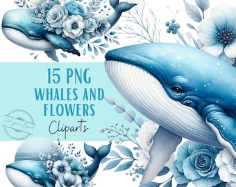 Whales with flowers clipart bundle, Whales clipart, Tropical designs, Ocean graphics, With commercial use