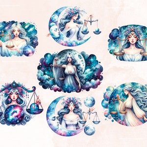 May include: Set of seven watercolor illustrations of zodiac signs, each featuring a woman with flowing hair and a celestial background. The signs are Libra, Aquarius, Pisces, Gemini, Virgo, Sagittarius, and Capricorn.