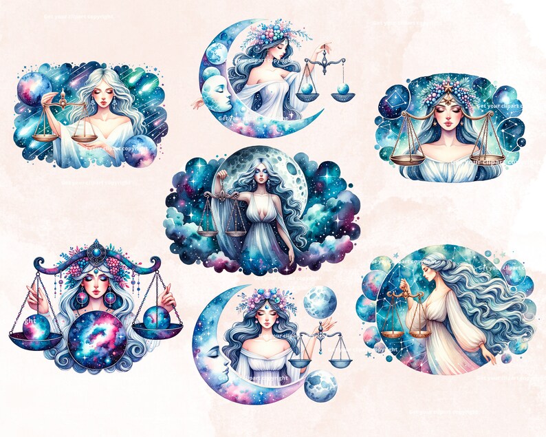 May include: Set of seven watercolor illustrations of zodiac signs, each featuring a woman with flowing hair and a celestial background. The signs are Libra, Aquarius, Pisces, Gemini, Virgo, Sagittarius, and Capricorn.