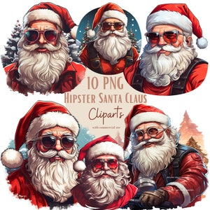 Ensemble d'illustrations de Père Noël Hipster, Cliparts de noël façon aquarelle pour tous vos projets créatifs et professionnels