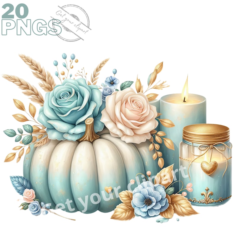 Blue Pumpkin Clipart Bundle, Floral Pumpkin Graphics, Fall Printable ...