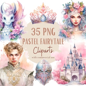 Ensemble d'illustrations de contes de fées , Cliparts façon aquarelle pour tous vos projets créatifs et professionnels