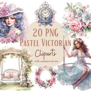 Ensemble d'illustrations style époque victorienne, Cliparts romantiques façon aquarelle pour tous vos projets créatifs et professionnels