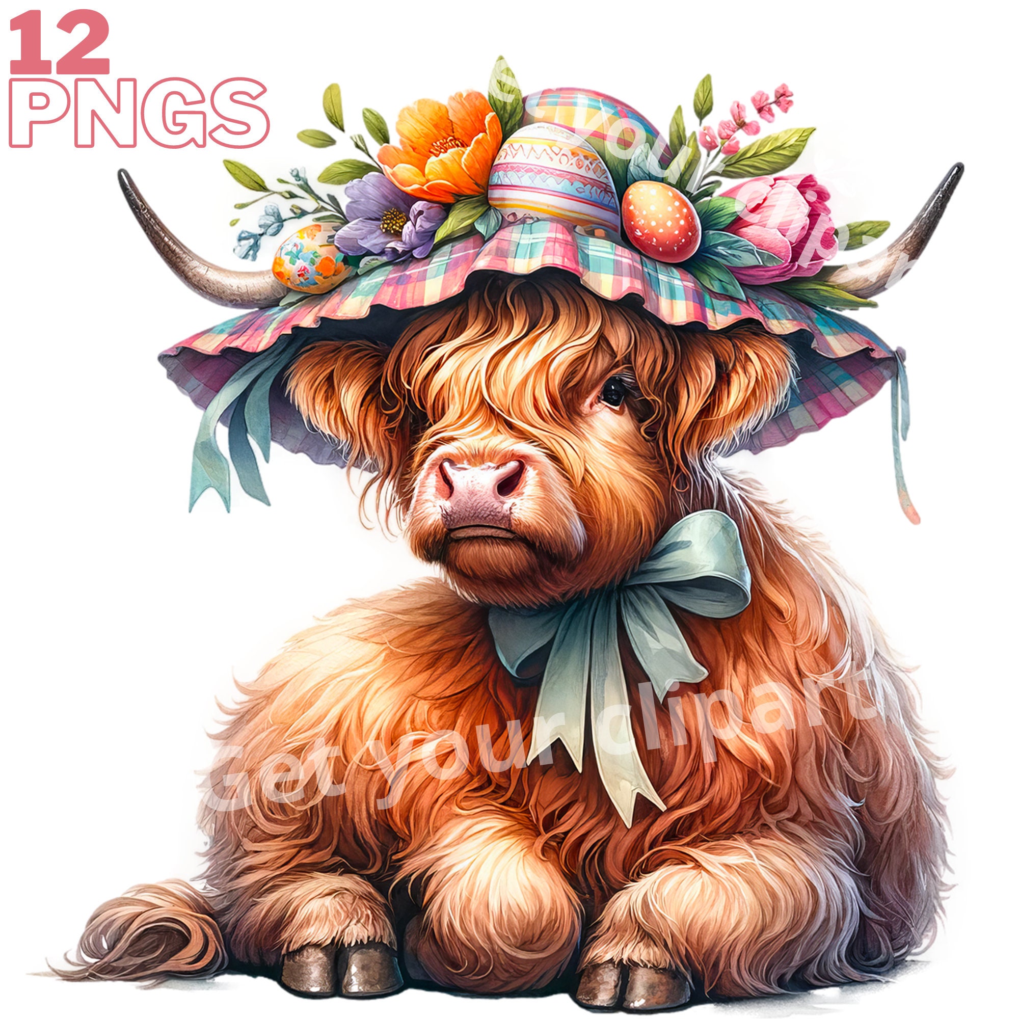 Easter Highland Cow Clipart Bundle, Scottish Highland Cow, Set of 12 ...