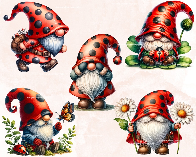 Ladybug Gnome clipart bundle, Gnome clipart, Spring gnome png graphics, Spring sublimation, Transparent background, Commercial Use image 6