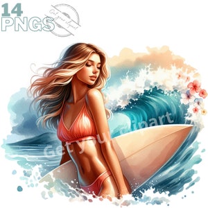 Ensemble d'illustrations de surfeuses, cliparts d'été pour tous vos projets créatifs et professionnels, usage commercial inclus