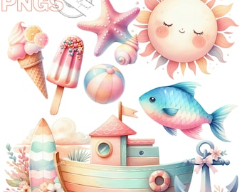 Zomerclipartset, zomerse stranddagafbeeldingen voor uw creatieve projecten, inclusief commercieel gebruik