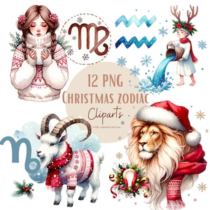 Ensemble d'illustrations de signes du zodiaque de Noël, Cliparts façon aquarelle pour tous vos projets créatifs et professionnels