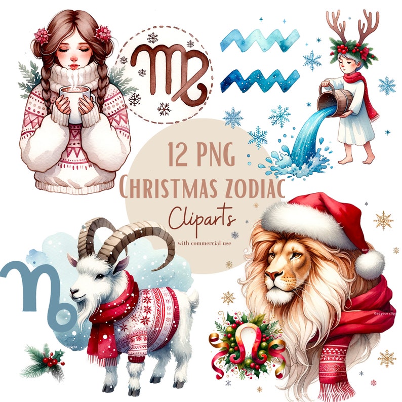 Puede incluir: 12 ilustraciones PNG de clipart del zod&iacute;aco navide&ntilde;o con pinturas de acuarela de cada signo del zod&iacute;aco en un ambiente invernal festivo. Los signos incluyen Virgo, Acuario, Capricornio, Leo y m&aacute;s.