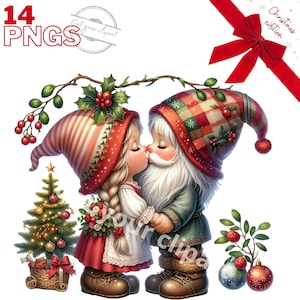 Ensemble d'illustrations de gnomes de Noël s'embrassant sous le gui, clipart d'hiver pour tous vos projets créatifs, usage commercial inclus
