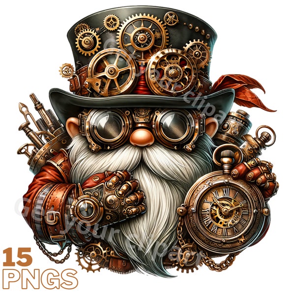 Steampunk Gnome clipart bundle, Steampunk clipart, Steampunk png graphics, Gnome sublimation, Transparent background, Commercial Use