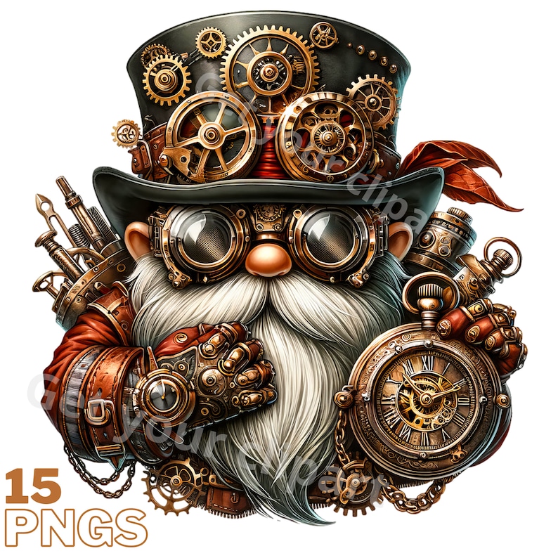 Puede incluir: Un gnomo steampunk con un gran sombrero de copa adornado, gafas y un reloj de bolsillo. El gnomo lleva una chaqueta de cuero marr&oacute;n y tiene una larga barba blanca. El gnomo sostiene un gran reloj intrincado en su mano.