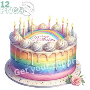 Conjunto de ilustrações de bolos de aniversário arco-íris, clipart de aniversário em aquarela para todos os seus projetos criativos