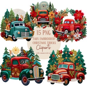 Ensemble d'illustrations de camions de Noël, Cliparts de noël façon imitation broderie pour tous vos projets créatifs et professionnels