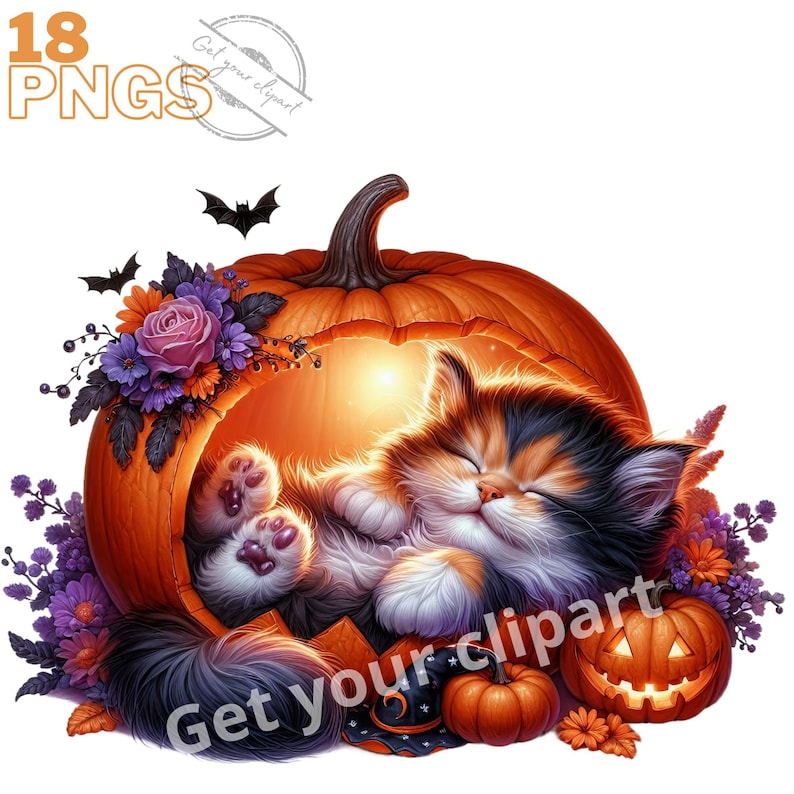 May include: A cute orange and black cat sleeps inside a carved out orange pumpkin. The pumpkin is surrounded by purple and pink flowers. The cat has its eyes closed and is curled up in a ball. The image is set against a white background.
