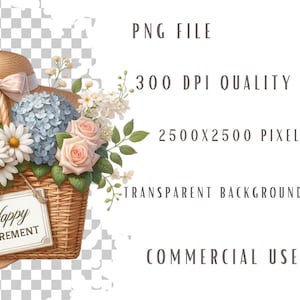 May include: A wicker basket filled with white, blue, and pink flowers. A straw hat with a pink ribbon sits on top of the basket. A sign attached to the basket reads "Happy Retirement".