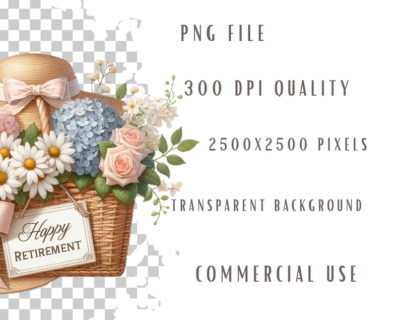 May include: A wicker basket filled with white, blue, and pink flowers. A straw hat with a pink ribbon sits on top of the basket. A sign attached to the basket reads "Happy Retirement".