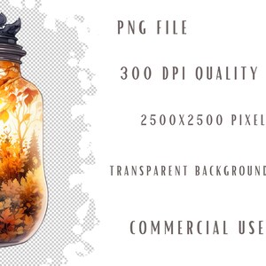 May include: A watercolour illustration of a glass jar with a black lid, filled with an autumn scene. The jar contains a castle, trees, and orange and yellow leaves. Text on the right reads "PNG FILE", "300 DPI QUALITY", "2500X2500 PIXELS", "TRANSPARENT BACKGROUND", and "COMMERCIAL USE".