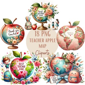 Puede incluir: 18 im&aacute;genes PNG de clipart de mapas de manzanas para maestros con dise&ntilde;os florales. Los mapas de manzanas para maestros presentan diferentes frases como "Gracias al maestro", "Mejor maestro de todos los tiempos" y "Mejor maestro de todos los tiempos".