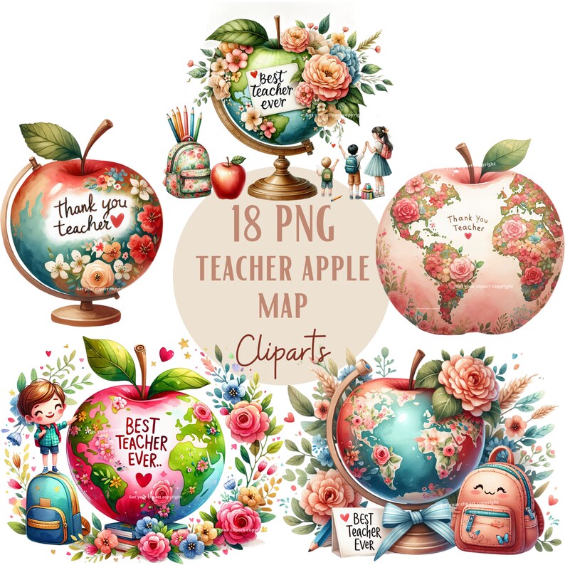 Puede incluir: 18 im&aacute;genes PNG de clipart de mapas de manzanas para maestros con dise&ntilde;os florales. Los mapas de manzanas para maestros presentan diferentes frases como "Gracias al maestro", "Mejor maestro de todos los tiempos" y "Mejor maestro de todos los tiempos".
