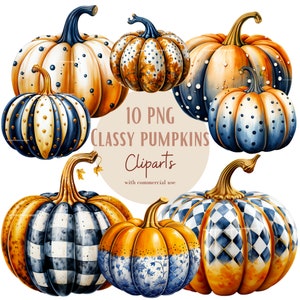 Blue Pumpkin Clipart Bundle, Floral Pumpkin Graphics, Thanksgiving Clipart, Fall Design Elements, Set of 10, With commercial use