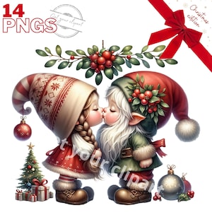 Ensemble d'illustrations de gnomes de Noël s'embrassant sous le gui, clipart d'hiver pour tous vos projets créatifs, usage commercial inclus