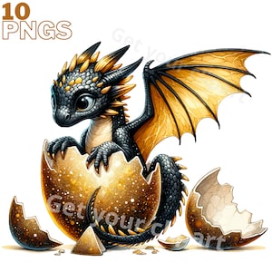 Ensemble d'illustrations de dragons couleur noir et or , Cliparts façon aquarelle pour tous vos projets créatifs et professionnels
