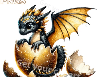 Conjunto de ilustraciones de dragones de color negro y dorado, imágenes prediseñadas estilo acuarela para todos tus proyectos creativos y profesionales