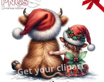 Christmas Highland cow and pixie clipart bundle, Scottish Highland cow, Christmas png, Christmas clipart, Christmas cow, Commercial use