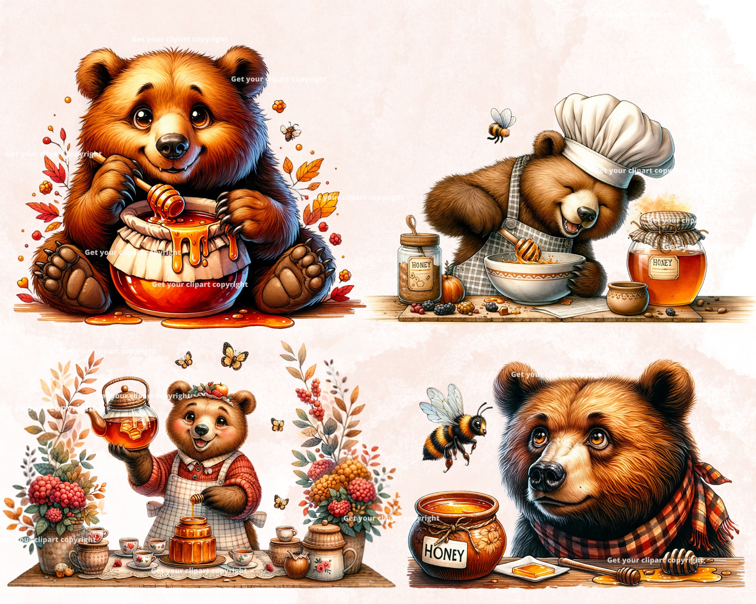 Bear and Honey Clipart Bundle, Bear Watercolor PNG, Honey Graphics ...