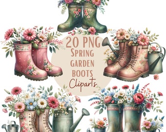 Garden boots clipart bundle, Hello spring png designs, Garden clipart, Flowers, Spring graphics, Transparent background, Commercial use