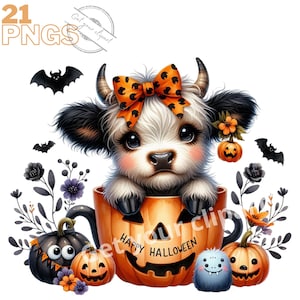 Ensemble d'illustrations de bébé vache d'Halloween, clipart de vache écossaise pour tous vos projets créatifs, usage commercial inclus