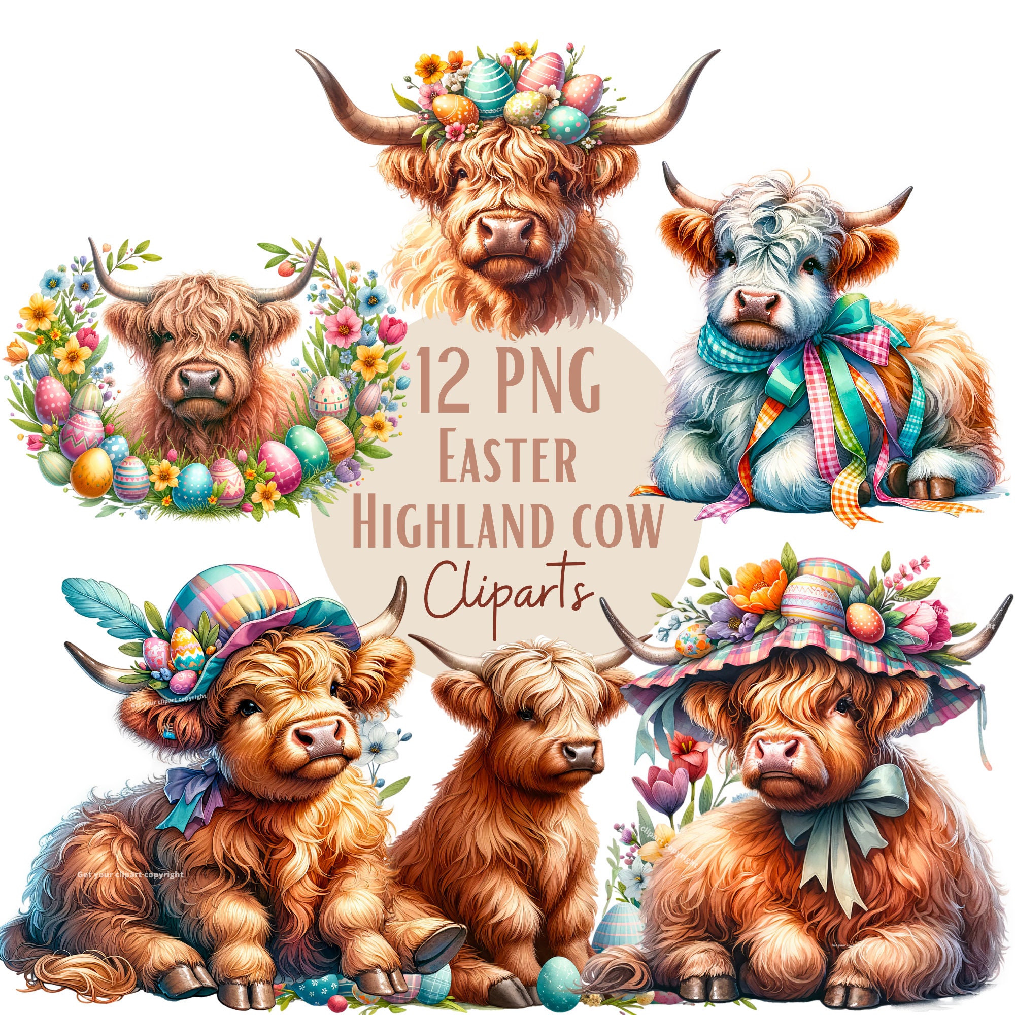 Easter Highland Cow Clipart Bundle, Scottish Highland Cow, Set of 12 ...
