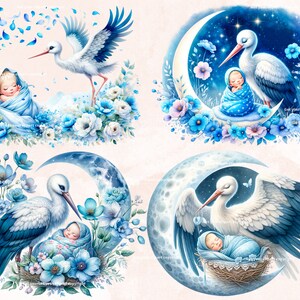 May include: Four digital illustrations of a stork delivering a baby. Each illustration features a white stork with blue accents, a baby swaddled in blue, and a crescent moon with blue and white flowers. The background is a soft pink.