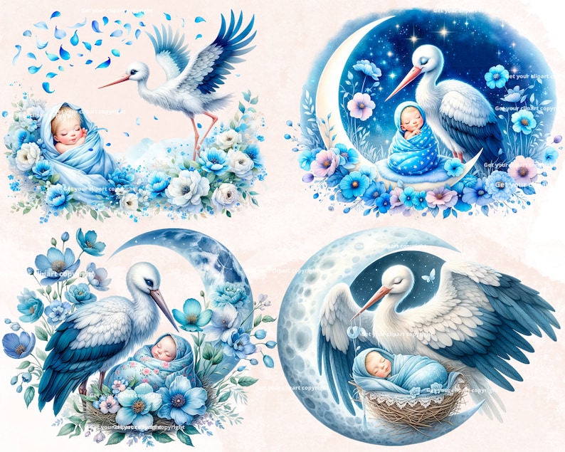 May include: Four digital illustrations of a stork delivering a baby. Each illustration features a white stork with blue accents, a baby swaddled in blue, and a crescent moon with blue and white flowers. The background is a soft pink.